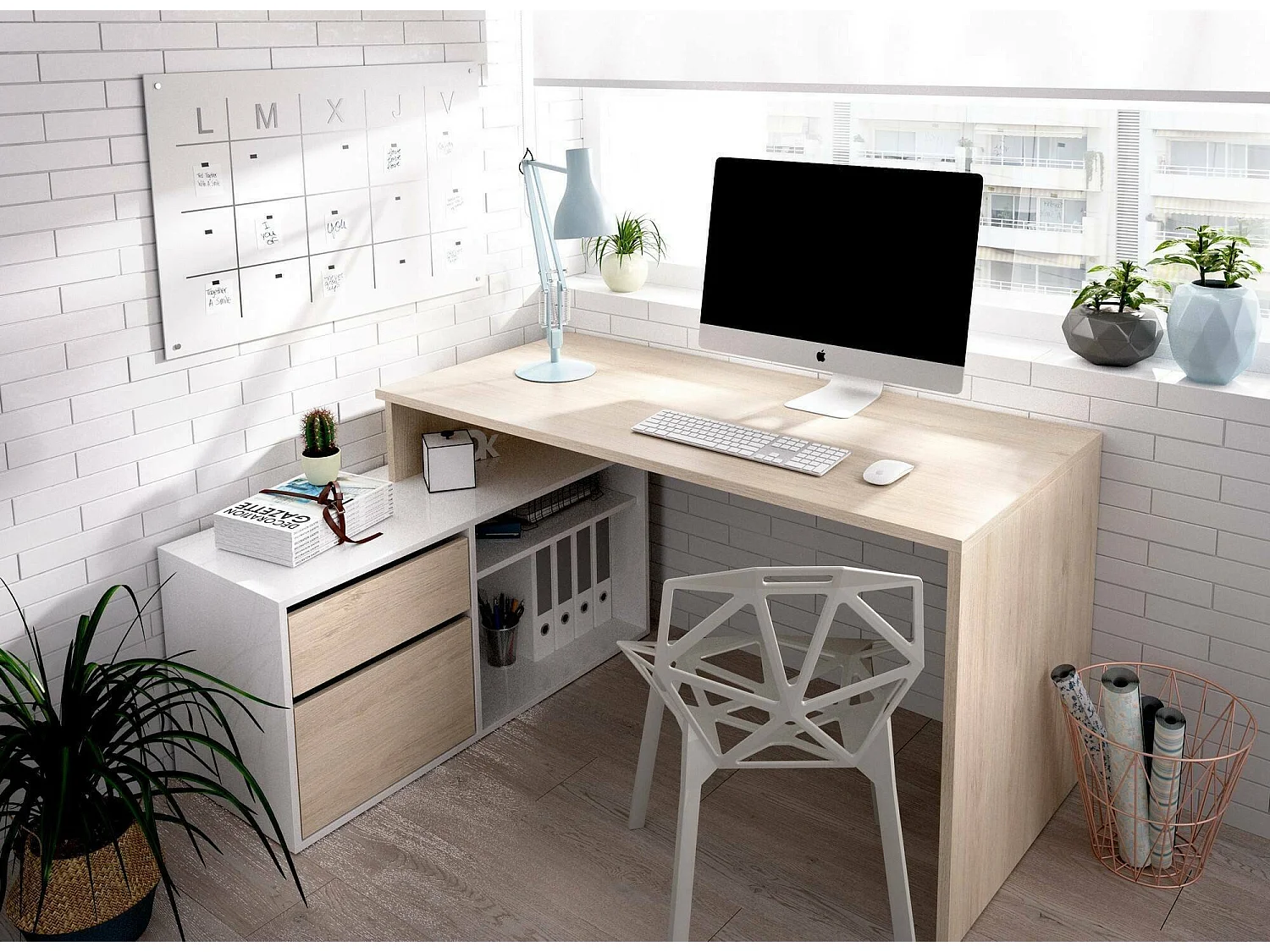 Dmora Bureau Gardena 92x139x75h cm Glanzend Wit met Hoeklade, 2 Planken