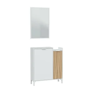 Dodd entreemeubel, Entree met 2 deuren, Kledingkast met spiegel, Multifunctionele opberger, 77x24h91 cm, Wit en Eiken Dodd entreemeubel, Entree met 2 deuren, Kledingkast met spiegel, Multifunctionele opberger, 77x24h91 cm, Wit en Eiken