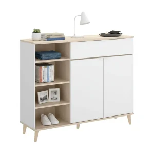 Dmezzon dressoir, Woonkamerkastbuffet, Modern woonkamerdressoir met 2 deuren, 120x40h102 cm, Wit en Eiken Dmezzon dressoir, Woonkamerkastbuffet, Modern woonkamerdressoir met 2 deuren, 120x40h102 cm, Wit en Eiken