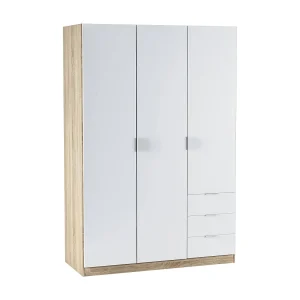 Dmora Kledingkast 3 Deuren Allentown 52×121 cm Wit Kledinghanger 3 Planken, Slaapkamerkast 3 Laden