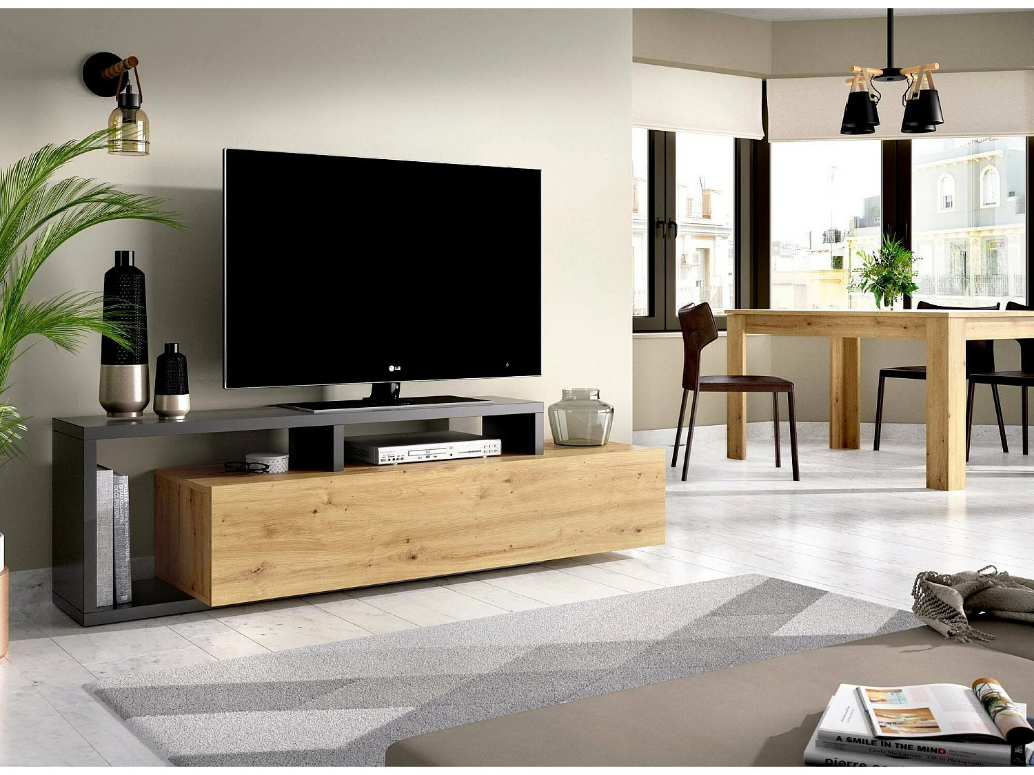 Dgodign TV-meubel, Laag woonkamerdressoir, Woonkamerdressoir voor televisie, 165x40h47 cm, Geknoopt eiken en antraciet