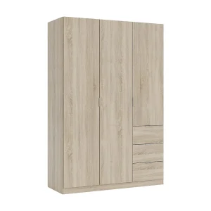 Dmora Kledingkast 3 Deuren Fullerton 52×135 cm Bruin Eik Kledinghanger 3 Planken, Slaapkamerkast 3 Laden