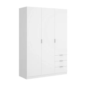 Dnespol kledingkast, slaapkamerkast met 3 deuren en 3 laden, kast met 3 planken en kledingroede, 121x52h180 cm, Wit Dnespol kledingkast, slaapkamerkast met 3 deuren en 3 laden, kast met 3 planken en kledingroede, 121x52h180 cm, Wit