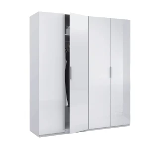 Dmora Grote Kast Knoxville 52x200h cm Wit Kledingrek 2 Planken, Slaapkamerkast 4 Deuren