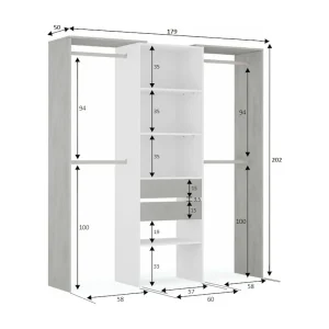 Dalala kledingkast, Structuur voor inloopkast, Open kledingkast zonder deuren, Inloopkast, 179x50h202 cm, Wit en Cement