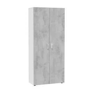 Dferre multifunctionele kledingkast, Extra kast met 2 deuren, Bezemkast met 2 deuren en 3 planken, 80x37h182 cm, Cement en Wit