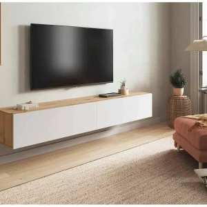 Dmussi TV-meubel, 2-deurs TV-meubel, Hangend woonkamermeubel, 180x35h28 cm, Knot Eiken en Glanzend Wit