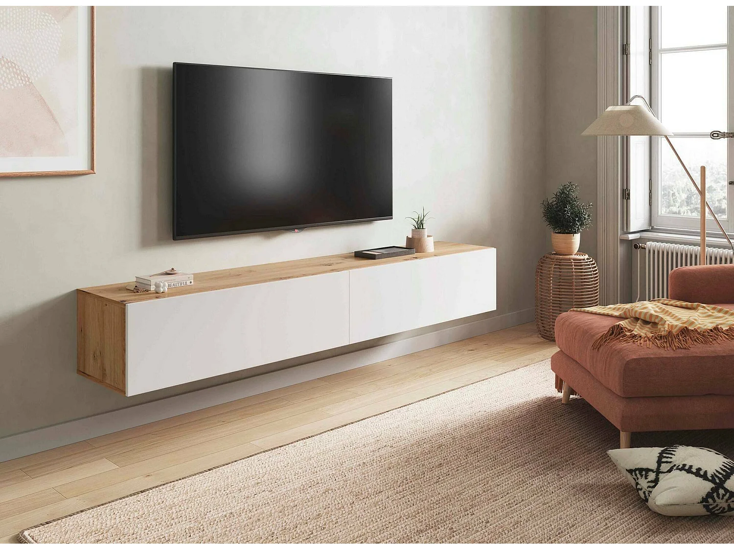 Dmussi TV-meubel, 2-deurs TV-meubel, Hangend woonkamermeubel, 180x35h28 cm, Knot Eiken en Glanzend Wit