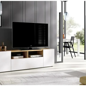 Dcotal TV-meubel, Laag woonkamerdressoir, Woonkamerdressoir voor televisie, 142x35h44 cm, Wit en Knoopeiken Dcotal TV-meubel, Laag woonkamerdressoir, Woonkamerdressoir voor televisie, 142x35h44 cm, Wit en Knoopeiken