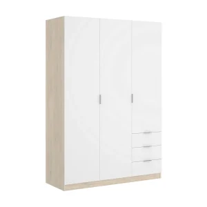 Dmora Kledingkast 3 Deuren Cimone 52×121 cm Wit Kapstok 3 Planken, Slaapkamerkast 3 Laden