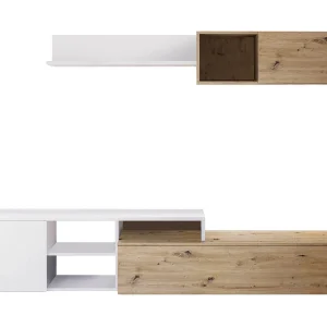 Dianes wandmeubel, Omkeerbaar tv-meubel woonkamermeubel, Woonkamercompositie met wandmeubel en plank, 220x40h44 cm, Eiken met knoopeffect en Wit Dianes wandmeubel, Omkeerbaar tv-meubel woonkamermeubel, Woonkamercompositie met wandmeubel en plank, 220x40h44 cm, Eiken met knoopeffect en Wit