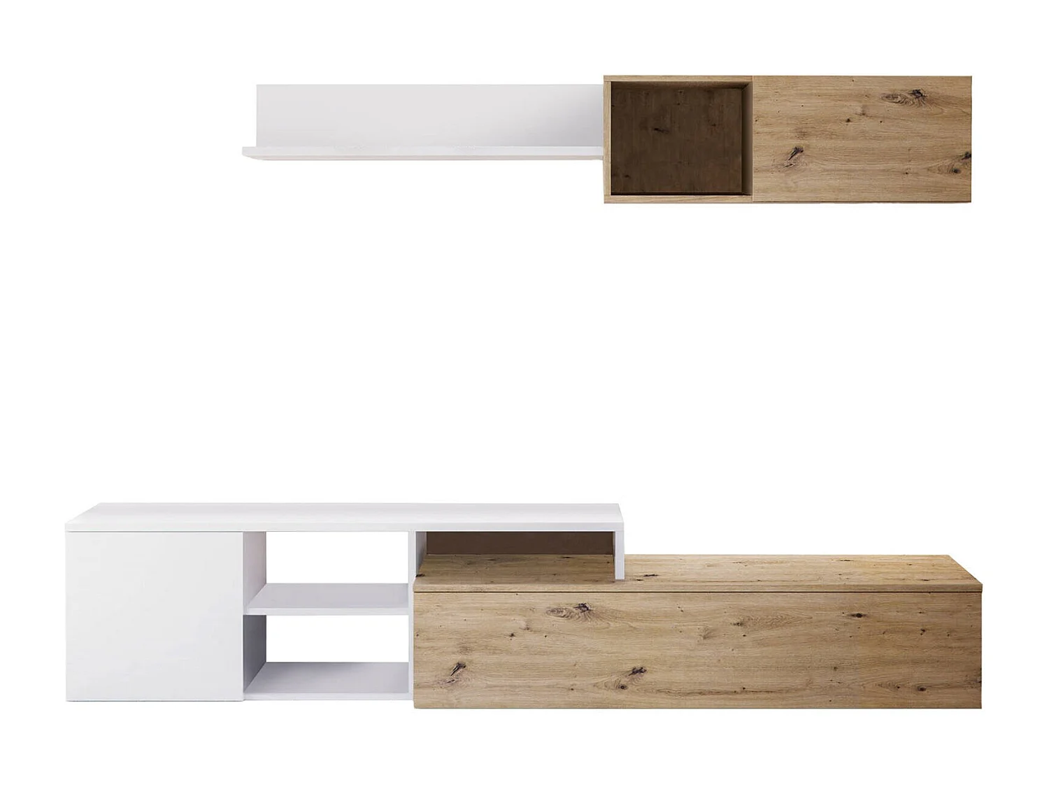 Dianes wandmeubel, Omkeerbaar tv-meubel woonkamermeubel, Woonkamercompositie met wandmeubel en plank, 220x40h44 cm, Eiken met knoopeffect en Wit