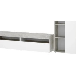 Dament wandsysteem, Modulaire woonkamerset, Multi-positie woonkamermeubilair, 265x42h180 cm, Wit en Cement Dament wandsysteem, Modulaire woonkamerset, Multi-positie woonkamermeubilair, 265x42h180 cm, Wit en Cement
