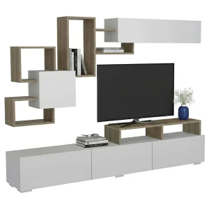 Dpiovan uitgeruste muur, Woonkamer samenstelling, Multifunctionele woonkamer kast, TV kast, 210x37h47 cm, Wit en Walnoot