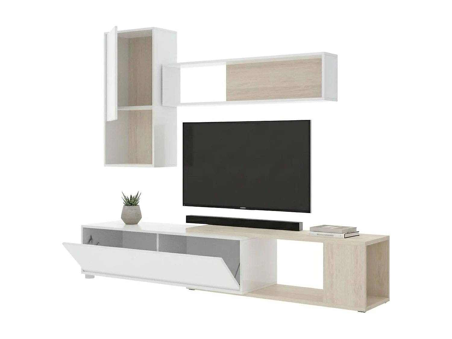 Dgam wandsysteem, Modulaire hoekwoonkamerset, Multi-positie woonkamermeubilair, 230x41h180 cm, Wit en Eiken
