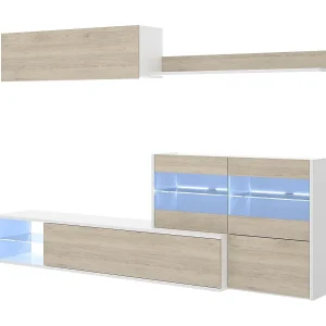 Daade wandsysteem, Modulaire hoekwoonkamerset, Multi-positie woonkamermeubel met LED-licht, 260x41h180 cm, Eiken en Wit Daade wandsysteem, Modulaire hoekwoonkamerset, Multi-positie woonkamermeubel met LED-licht, 260x41h180 cm, Eiken en Wit