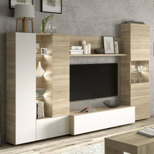 Dmaj wandsysteem, Modulair TV-meubel woonkamermeubel, Woonkamercompositie met bovenkasten en vitrines en LED-licht, 260x42h185 cm, Eiken en Wit