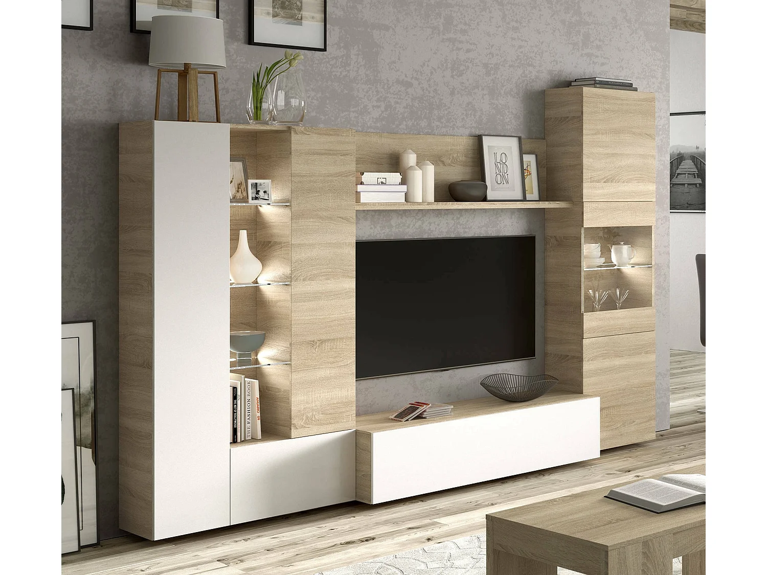 Dmaj wandsysteem, Modulair TV-meubel woonkamermeubel, Woonkamercompositie met bovenkasten en vitrines en LED-licht, 260x42h185 cm, Eiken en Wit
