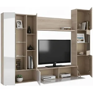 Dmora Wandmeubel Raleigh 42.00×260.00×185.00h cm Bruin Eiken 15 Planken Deur- en Klapopeningen, 8 Deuren