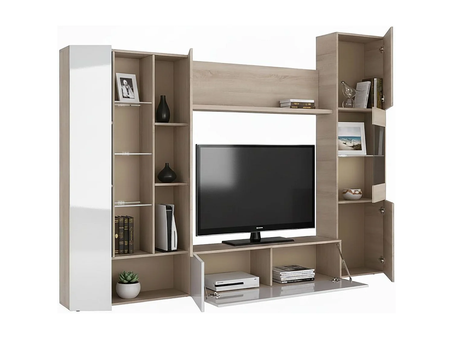 Dmora Wandmeubel Raleigh 42.00x260.00x185.00h cm Bruin Eiken 15 Planken Deur- en Klapopeningen, 8 Deuren