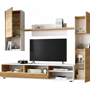 Dmora Wandmeubel Foraker 41x220x180h cm Bruin Eiken Knoop Moduleerbaar 9 Planken, 4 Deuren