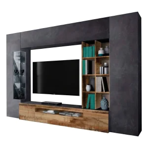 Dmora Wandmeubel Ocean 40x290x192h cm Leigrijs 20 Planken Klap- en Draaideuren, 6 Deuren Made in Italy
