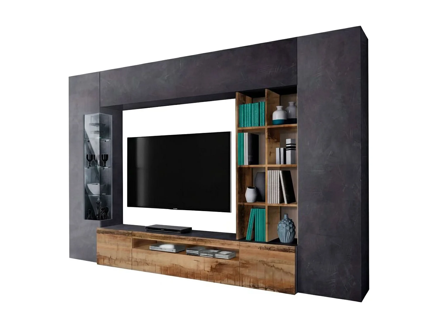 Dmora Wandmeubel Ocean 40x290x192h cm Leigrijs 20 Planken Klap- en Draaideuren, 6 Deuren Made in Italy