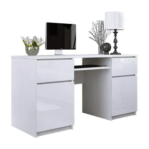 Bureau: 2 lades, mat wit / glanzend wit, 135 x 77 x 50 cm