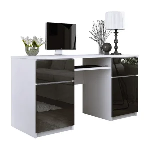 Bureau: 2 lades, mat wit / glanzend zwart, 135 x 77 x 50 cm