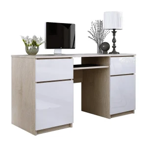 Bureau: 2 lades, Sonoma eikenhout / hoogglans wit, 135 x 77 x 50 cm