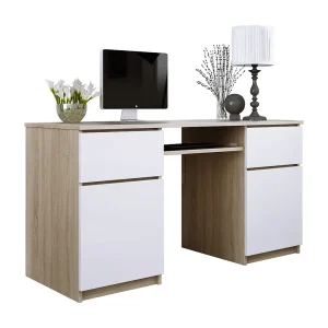 Bureau: 2 lades, Sonoma eikenhout / mat wit, 135 x 77 x 50 cm