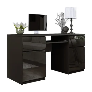 Bureau: 2 lades, matzwart / glanzend zwart, 135 x 77 x 50 cm