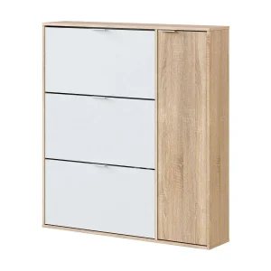 Dmagnino schoenenrek, schoenenkast met 4 deuren, multifunctionele lage kast met 5 planken, modern schoenenrek, 106x22h115 cm, eiken en wit Dmagnino schoenenrek, schoenenkast met 4 deuren, multifunctionele lage kast met 5 planken, modern schoenenrek, 106x22h115 cm, eiken en wit