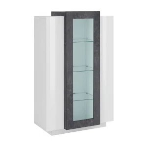 Dfrutt vitrine, Dressoir met drie deuren, Multifunctioneel woonkamermeubilair, 100% Made in Italy, 80x38h121 cm, Glanzend wit en leisteen Dfrutt vitrine, Dressoir met drie deuren, Multifunctioneel woonkamermeubilair, 100% Made in Italy, 80x38h121 cm, Glanzend wit en leisteen