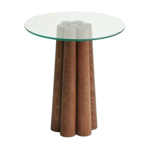 Salontafel Brasilia, ronde vorm, 45x50x50h cm notenbruin, glazen blad, transparant schap Salontafel Brasilia, ronde vorm, 45x50x50h cm notenbruin, glazen blad, transparant schap