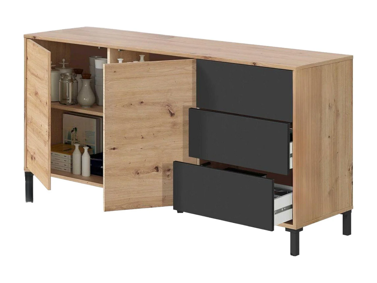 Dbog dressoir, Modern dressoir met 2 deuren en 3 laden, Woonkamerbuffet, TV-kast, Dressoir voor woonkamer, 154x41h74 cm, Geknoopt eiken en antraciet