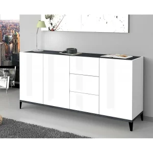 Dlong Dressoir, Keukendressoir met 3 deuren en 3 laden, Woonkamerbuffet, 100% Made in Italy, 160x40h82 cm, Glanzend wit en leisteen Dlong Dressoir, Keukendressoir met 3 deuren en 3 laden, Woonkamerbuffet, 100% Made in Italy, 160x40h82 cm, Glanzend wit en leisteen