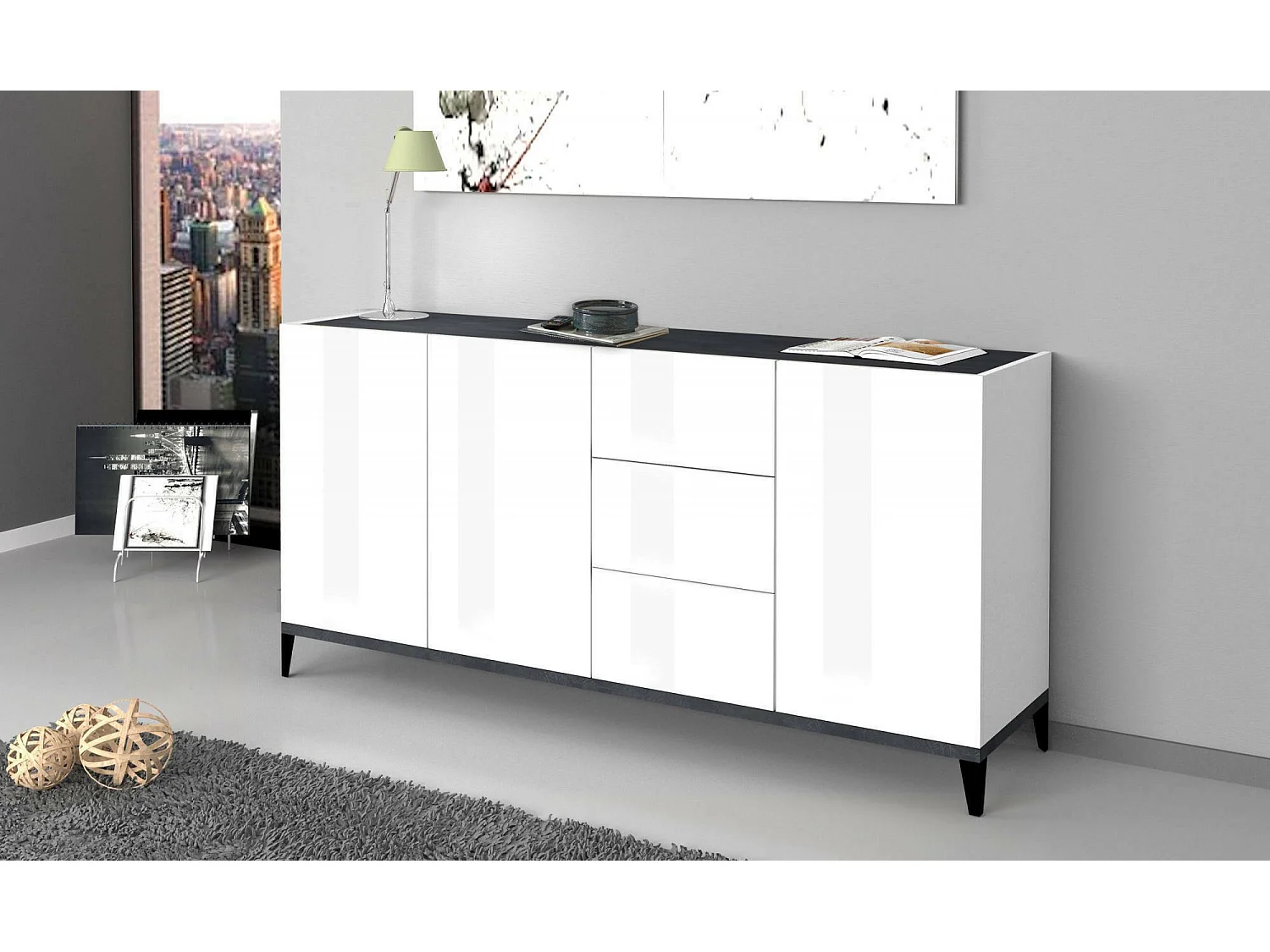 Dlong Dressoir, Keukendressoir met 3 deuren en 3 laden, Woonkamerbuffet, 100% Made in Italy, 160x40h82 cm, Glanzend wit en leisteen