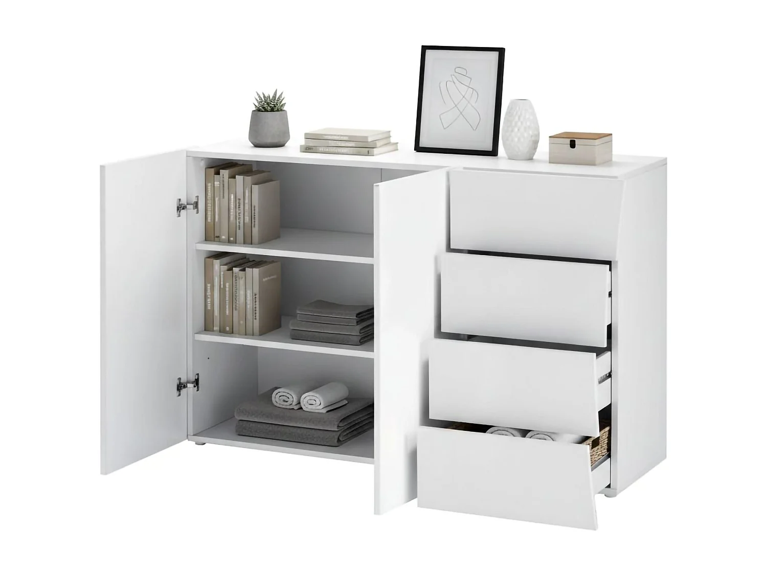 Dmogno dressoir, Keukendressoir met 2 deuren en 4 laden, Woonkamerbuffet, 100% Made in Italy, 124x40h82 cm, Glanzend wit