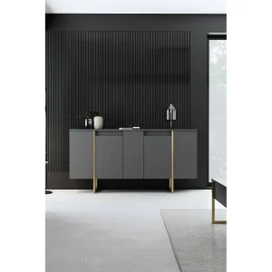 Dgarzitt Dressoir, Buffet voor in de woonkamer, In de woonkamer, Bijkeuken, 160x35h80 cm, Walnoot en goud Dgarzitt Dressoir, Buffet voor in de woonkamer, In de woonkamer, Bijkeuken, 160x35h80 cm, Walnoot en goud