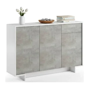 Dbakayok dressoir, woonkamerbuffet met 3 deuren en 1 lade, 100% Made in Italy, 134x35h87 cm, Wit en Cement Dbakayok dressoir, woonkamerbuffet met 3 deuren en 1 lade, 100% Made in Italy, 134x35h87 cm, Wit en Cement
