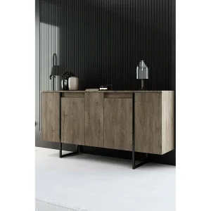 Dgarzitt Dressoir, BuWoonkamer Ffet, Woonkamer, Keuken Pantry, 160x35h80 cm, Walnoot en Zwart Dgarzitt Dressoir, BuWoonkamer Ffet, Woonkamer, Keuken Pantry, 160x35h80 cm, Walnoot en Zwart
