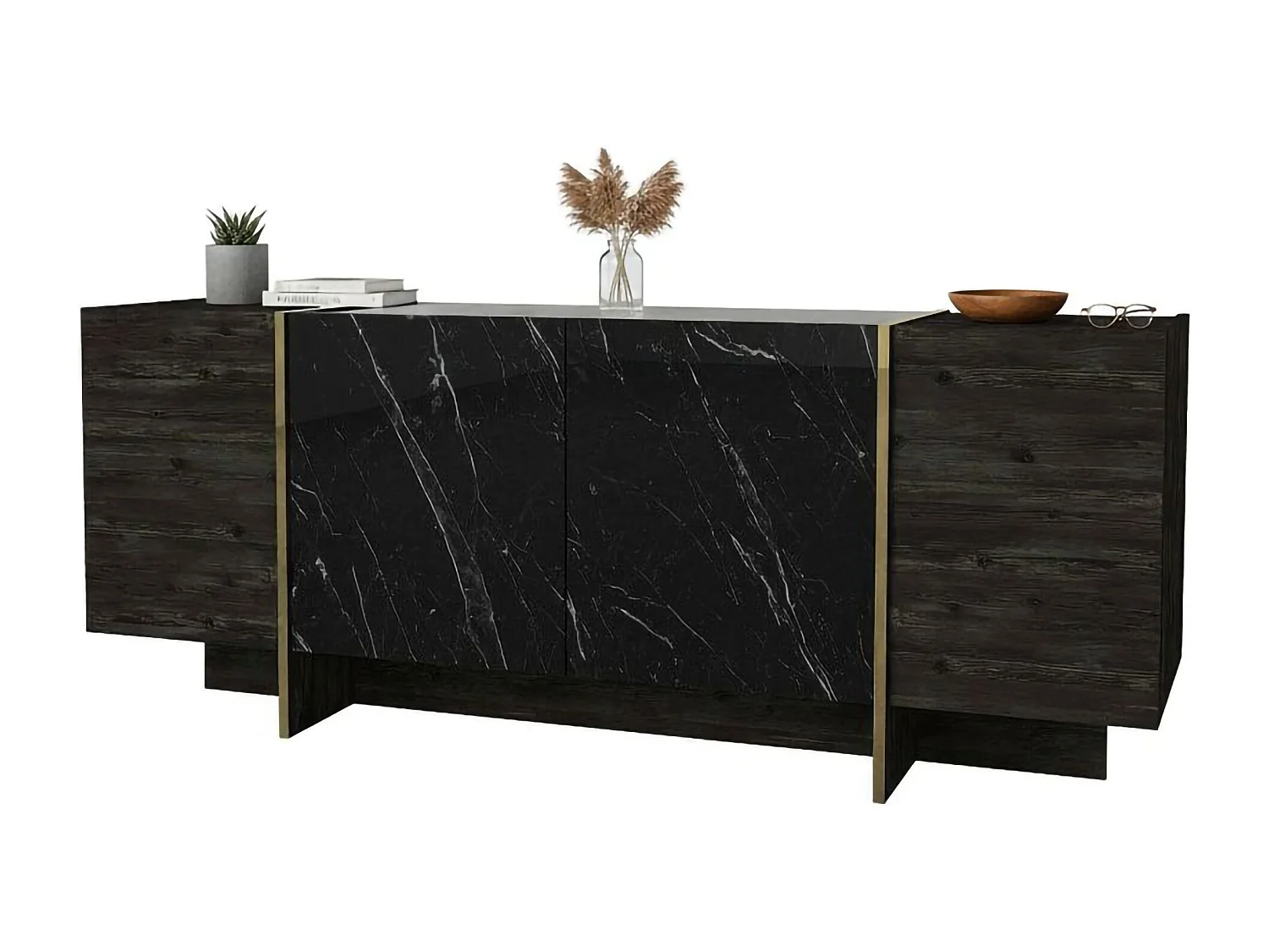 Dpa dressoirZzagl, Woonkamerbuffet, Woonkamer, Keukenkast, 180x47h76 cm, Zwart en Goud