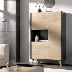 Damraba dressoir, Hoog woonkamerbuffet, Modern woonkamerdressoir met 3 deuren, 81x43h135 cm, Eiken en Antraciet Damraba dressoir, Hoog woonkamerbuffet, Modern woonkamerdressoir met 3 deuren, 81x43h135 cm, Eiken en Antraciet