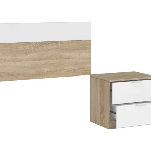 Dfarron bedhoofdeinde, Nachtkastje met twee lades en hoofdeinde voor een eenpersoonsbed van 90 cm, 50x38h75 cm, Eiken en Wit Dfarron bedhoofdeinde, Nachtkastje met twee lades en hoofdeinde voor een eenpersoonsbed van 90 cm, 50x38h75 cm, Eiken en Wit