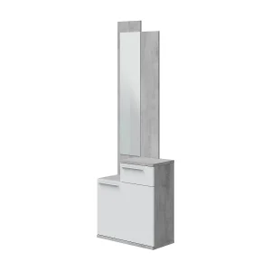 Dner entreemeubel, Multifunctioneel schoenenrek met spiegel, Kledingkast met 1 deur en 1 lade, 61x28h185 cm, Cement en Glanzend Wit Dner entreemeubel, Multifunctioneel schoenenrek met spiegel, Kledingkast met 1 deur en 1 lade, 61x28h185 cm, Cement en Glanzend Wit