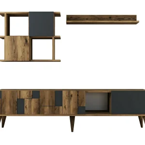Docchiut tv-meubel, woonkamermeubel, lage tv-meubel, wandstandaard, 180x34h49 cm, walnoot en antraciet