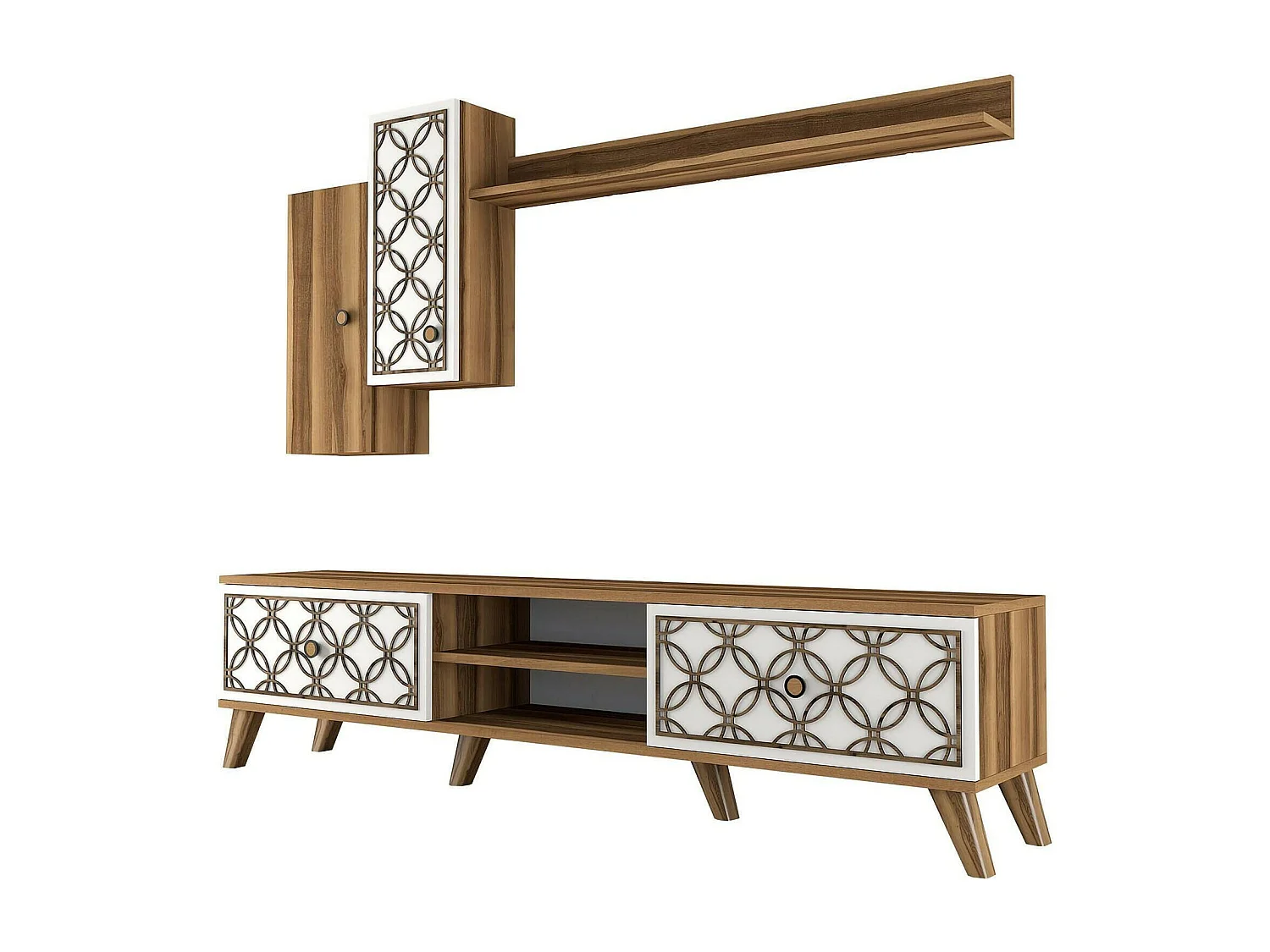 Dpinzaut tv-meubel, woonkamermeubel, laag tv-meubel, Muurstandaard, 180x35h44 cm, walnoot en wit