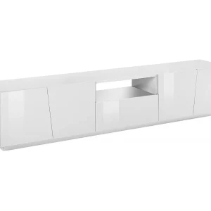 Dlori TV-meubel, Laag woonkamerdressoir, TV-meubelbasis, 100% Made in Italy, 220x43h46 cm, Glanzend wit, met LED-licht