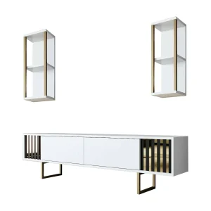 Dliveran tv-meubel, woonkamermeubel, lage tv-meubel, wandstandaard, 180x30h48 cm, wit en zwart